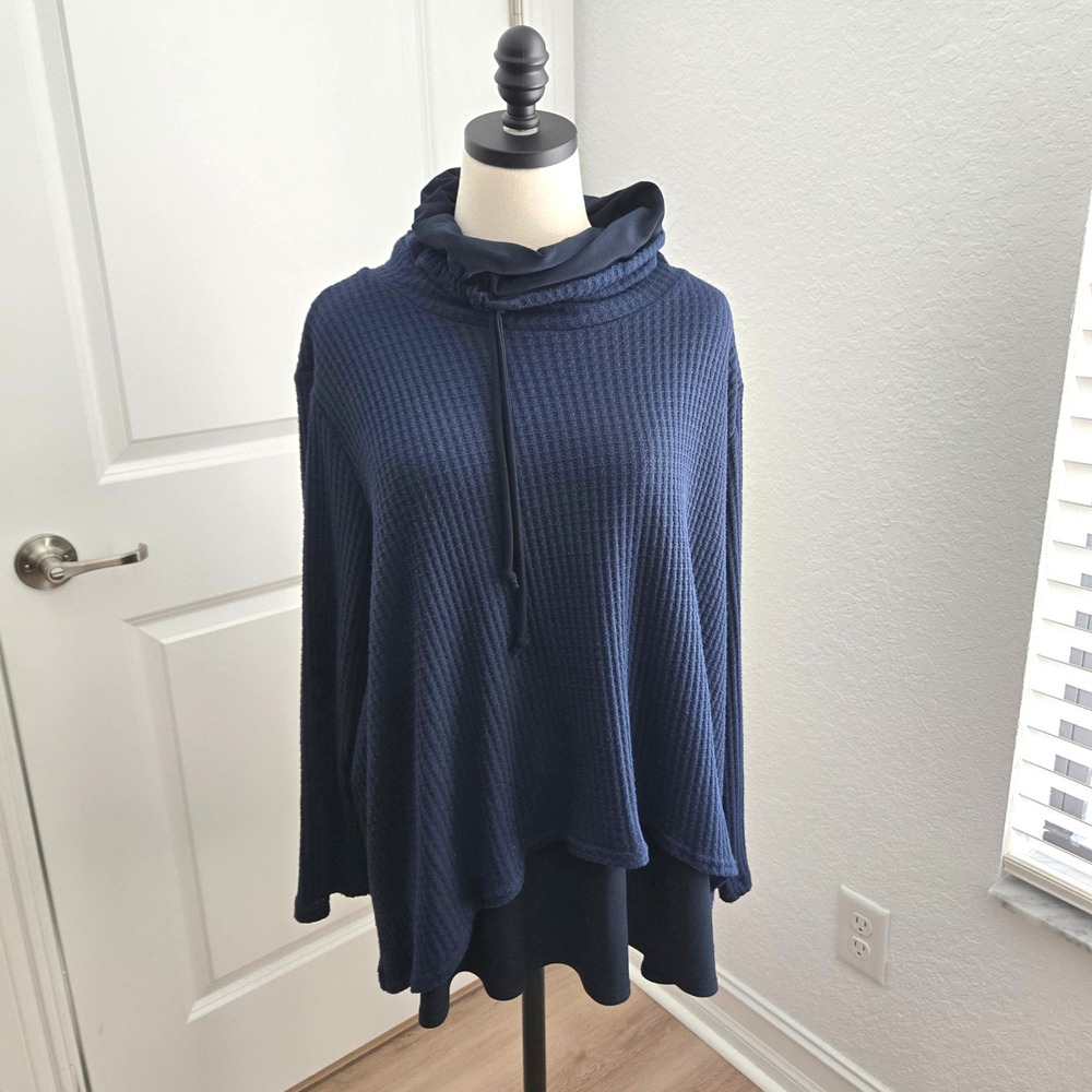 Sympli Navy Blue Waffle Knit Cowl Neck Split Back Layered Sweater Size 10